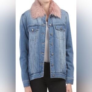 RACHEL Rachel Roy Blue Denim Jacket with Pink Faux-Fur Collar